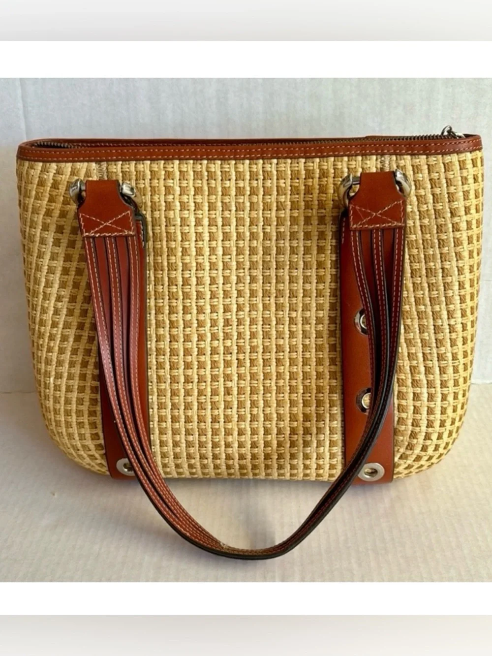 Maxx New York Woven Straw Tote with Brown Leather Trim